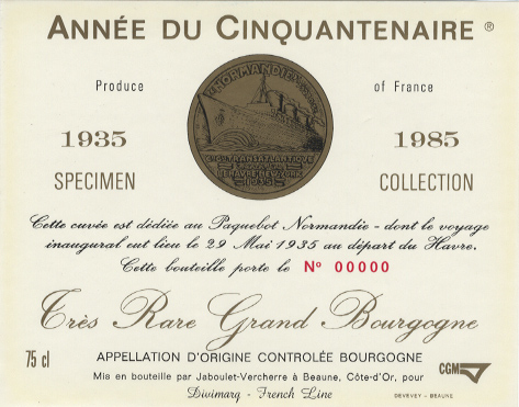 Paquebot Normandie - Etiquette bouteille de vin `Année du Cinquantenaire`