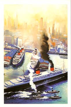 Paquebot S.S NORMANDIE - Carte-postale grand format glacée couleurs - Reproduction de Patrick BORTOLUZZI - Editeur : IMPRESSIONS - Réf. Site : BORTGFRA 2-4 PSB