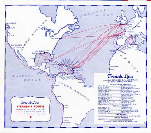 S.S NORMANDIE - CARTE DES ROUTES EMPRUNTEES PAR LA FRENCH LINE