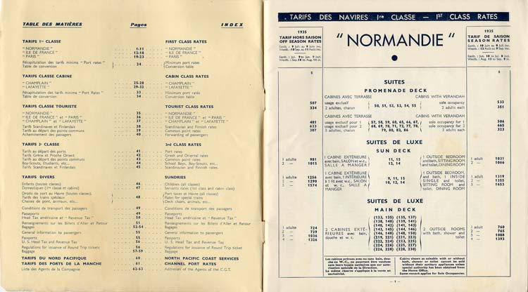 PAQUEBOT S/S NORMANDIE - Tarifs Atlantique Nord et Pacifique Nord - Brochure France1935-1 - Intérieur 1