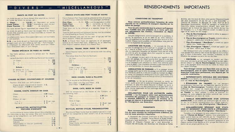 PAQUEBOT S/S NORMANDIE - Tarifs Atlantique Nord et Pacifique Nord - Brochure France1935-1 - Intérieur 12