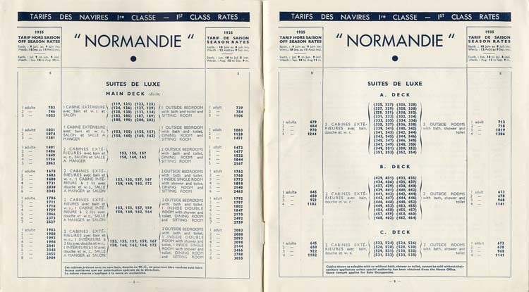 PAQUEBOT S/S NORMANDIE - Tarifs Atlantique Nord et Pacifique Nord - Brochure France1935-1 - Intérieur 2