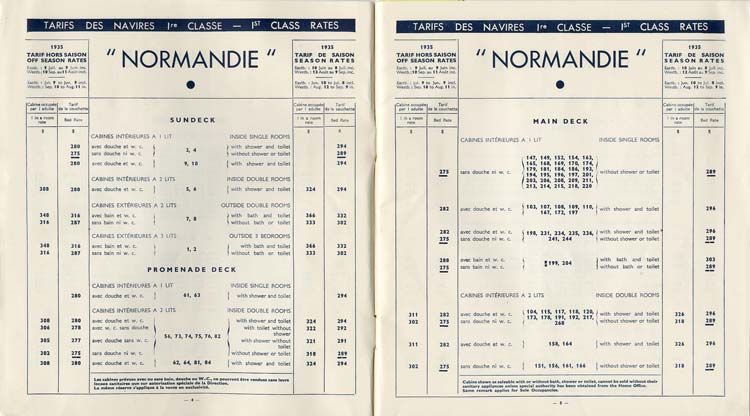 PAQUEBOT S/S NORMANDIE - Tarifs Atlantique Nord et Pacifique Nord - Brochure France1935-1 - Intérieur 3