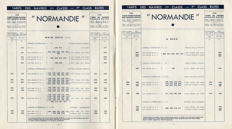 PAQUEBOT S/S NORMANDIE - Tarifs Atlantique Nord et Pacifique Nord - Brochure France1935-1 - Intérieur 4