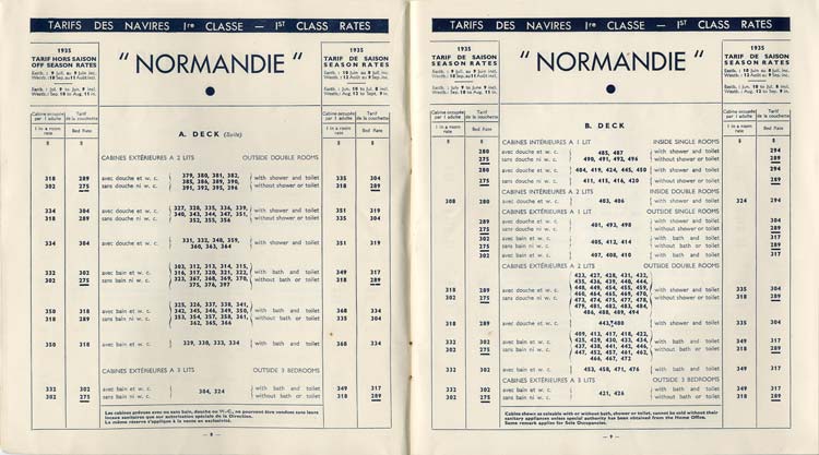 PAQUEBOT S/S NORMANDIE - Tarifs Atlantique Nord et Pacifique Nord - Brochure France1935-1 - Intérieur 5