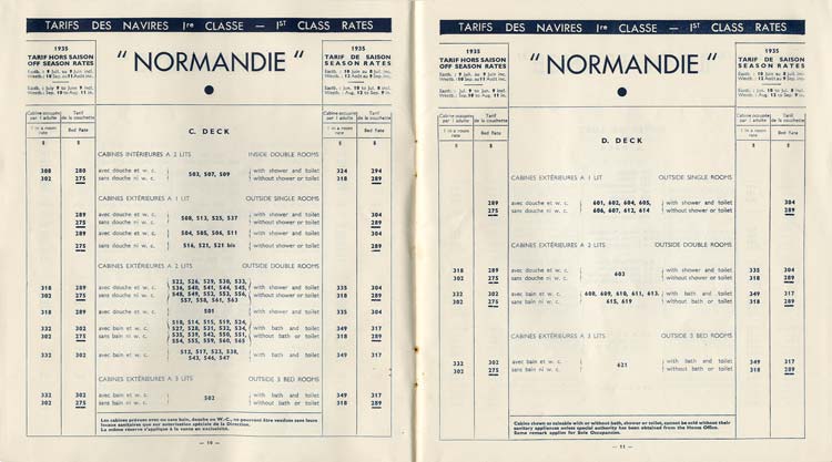 PAQUEBOT S/S NORMANDIE - Tarifs Atlantique Nord et Pacifique Nord - Brochure France1935-1 - Intérieur 6
