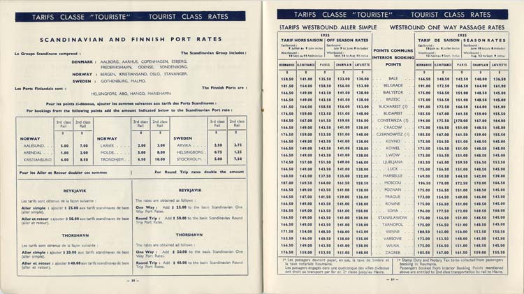 PAQUEBOT S/S NORMANDIE - Tarifs Atlantique Nord et Pacifique Nord - Brochure France1935-1 - Intérieur 7-2