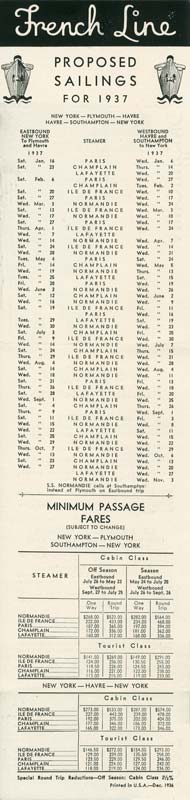 S.S NORMANDIE - CALENDRIER-TARIF 1937 - Réf. CTD 1937-1-3