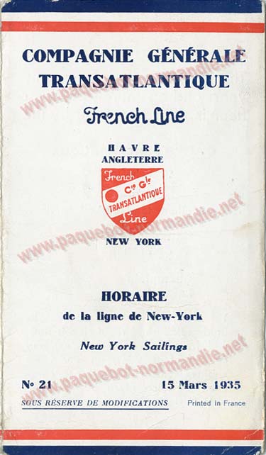 S.S NORMANDIE - CALENDRIER-TARIF 1935 - Réf. CTDF 1935-21-1