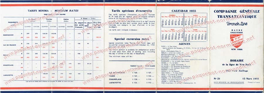 S.S NORMANDIE - CALENDRIER-TARIF 1935 - Réf. CTDF 1935-21-2