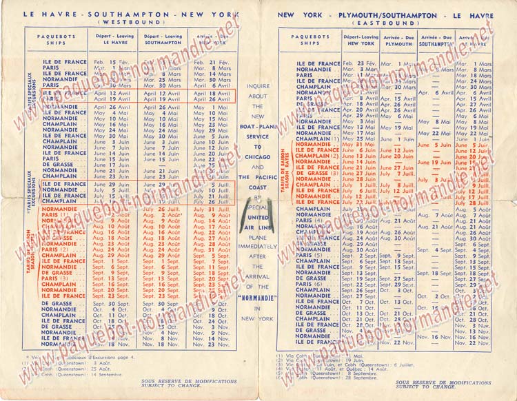 S.S NORMANDIE - CALENDRIER-TARIF 1939 - FORMATS DIVERS FRANCE Réf. CTDF CTDF-1939-46-2