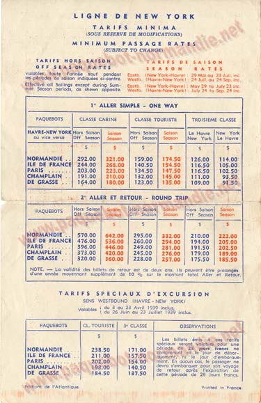 S.S NORMANDIE - CALENDRIER-TARIF 1939 - FORMATS DIVERS FRANCE Réf. CTDF CTDF-1939-46-3