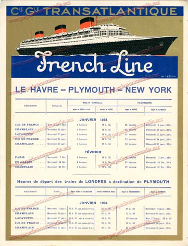 S.S NORMANDIE - CALENDRIER TRAINS TRANSATLANTIQUES CTD 1934-1