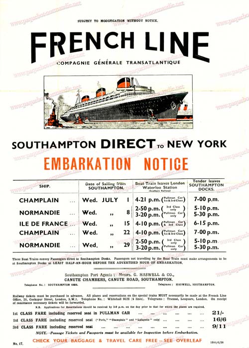 S.S NORMANDIE - CALENDRIER TRAINS-PAQUEBOTS CTTP 1936-1