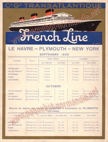  S.S NORMANDIE - CALENDRIER TRAINS TRANSATLANTIQUES CTTP 1933-9