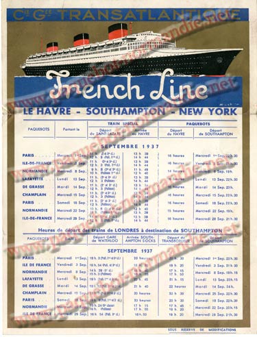  S.S NORMANDIE - CALENDRIER TRAINS TRANSATLANTIQUES CTTP 1937-9