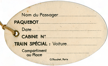 PAQUEBOT S.S NORMANDIE - ETIQUETTE DE BAGAGE TRAIN PAQUEBOT 1ère CLASSE PETIT FORMAT OVALE 2-2-1 Verso