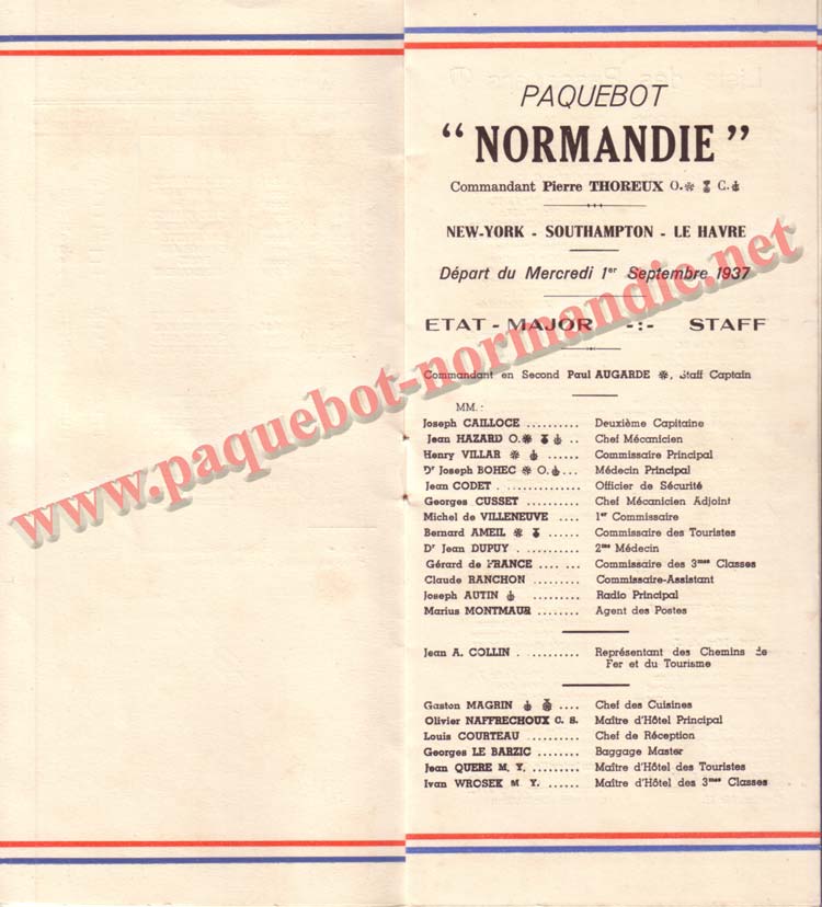PAQUEBOT NORMANDIE - LISTE DES PASSAGERS DU 01 SEPTEMBRE 1937 - 2ème CLASSE / 2-3
