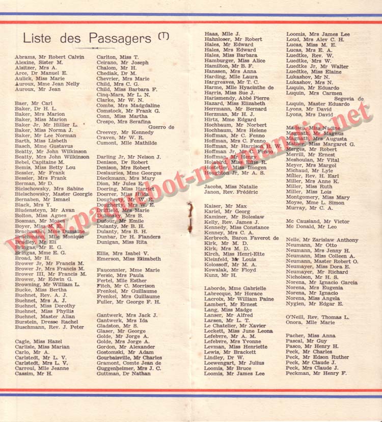 PAQUEBOT NORMANDIE - LISTE DES PASSAGERS DU 01 SEPTEMBRE 1937 - 2ème CLASSE / 2-4