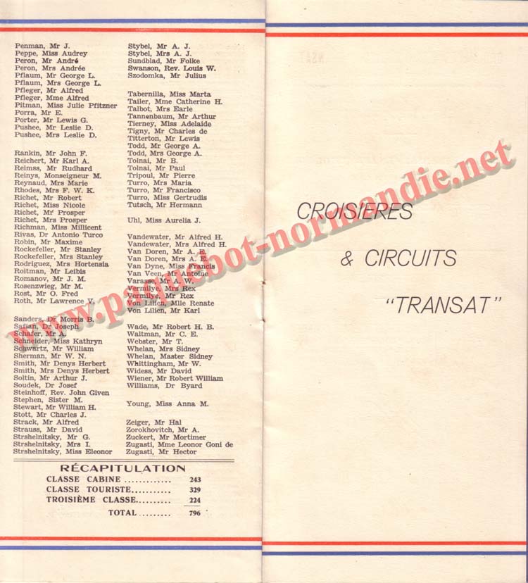 PAQUEBOT NORMANDIE - LISTE DES PASSAGERS DU 01 SEPTEMBRE 1937 - 2ème CLASSE / 2-5