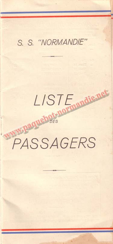 PAQUEBOT NORMANDIE - LISTE DES PASSAGERS DU 1er OCTOBRE 1937 - 1ère CLASSE / 1-1