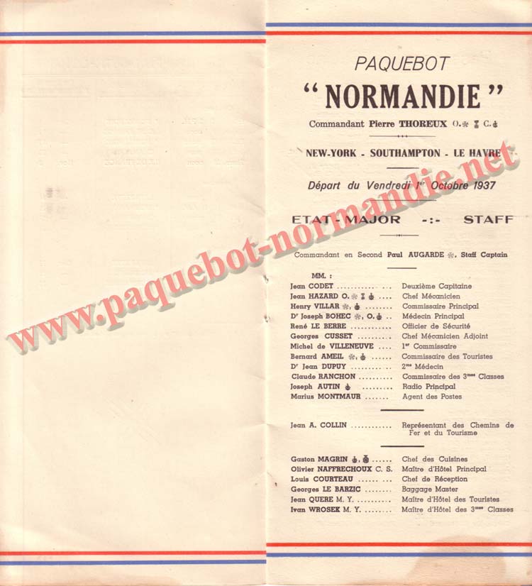 PAQUEBOT NORMANDIE - LISTE DES PASSAGERS DU 1er OCTOBRE 1937 - 1ère CLASSE / 1-3