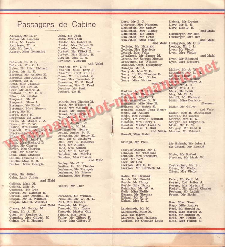 PAQUEBOT NORMANDIE - LISTE DES PASSAGERS DU 1er OCTOBRE 1937 - 1ère CLASSE / 1-4