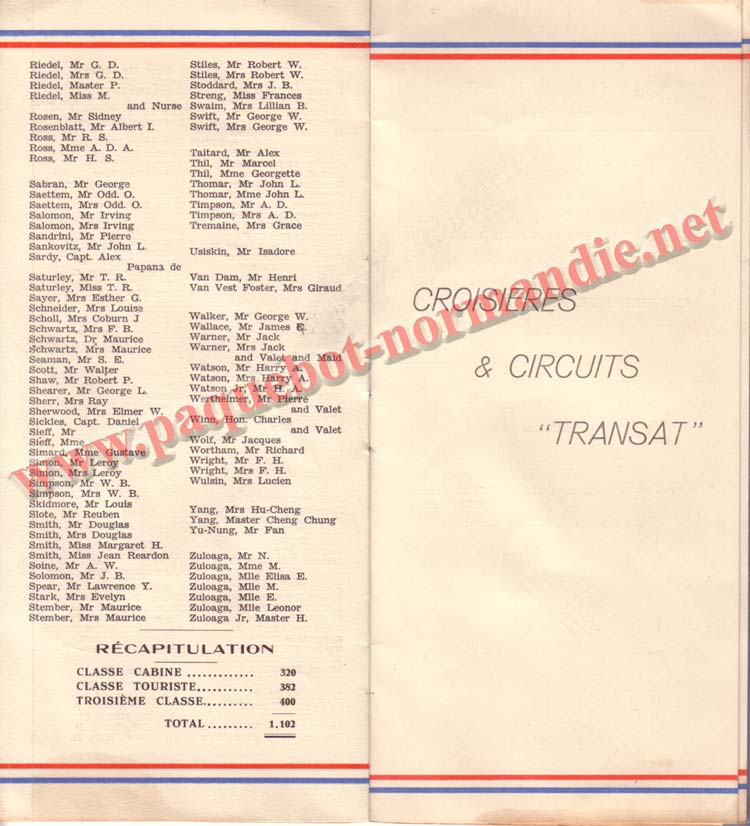 PAQUEBOT NORMANDIE - LISTE DES PASSAGERS DU 1er OCTOBRE 1937 - 1ère CLASSE / 1-5