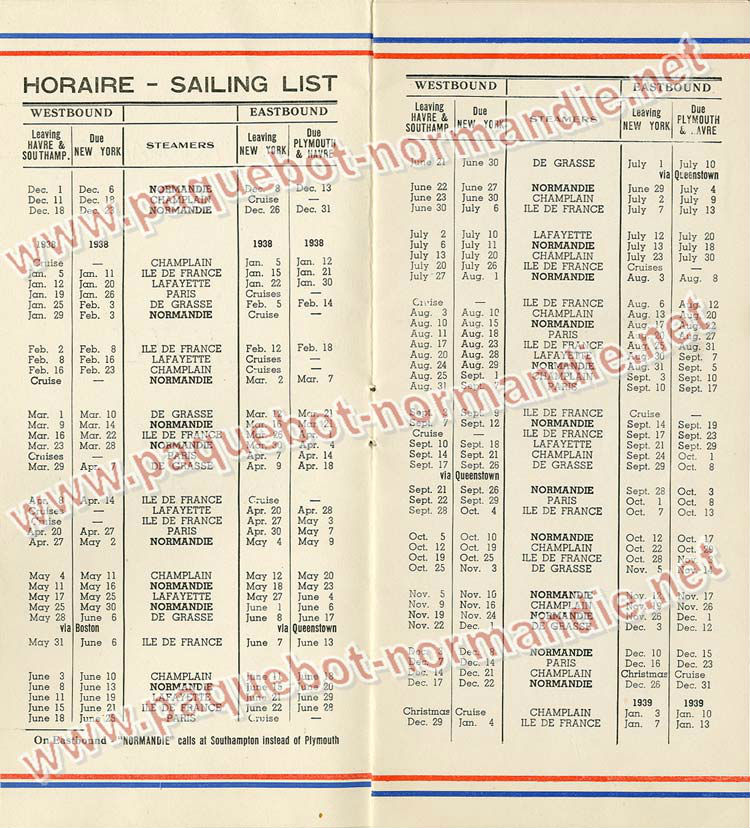 S.S NORMANDIE - LISTE PASSAGERS DU 01 DECEMBRE 1937 - 1ère CLASSE / 1-2