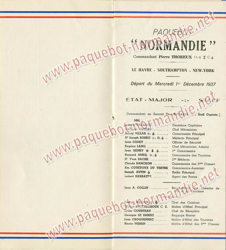 S.S NORMANDIE - LISTE PASSAGERS DU 01 DECEMBRE 1937 - 1ère CLASSE / 1-3