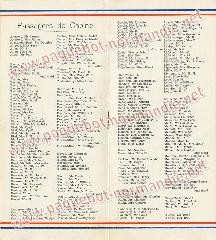 S.S NORMANDIE - LISTE PASSAGERS DU 01 DECEMBRE 1937 - 1ère CLASSE / 1-4