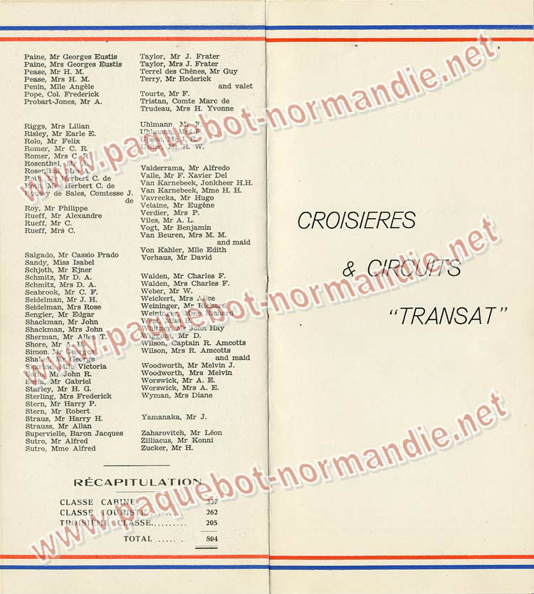 S.S NORMANDIE - LISTE PASSAGERS DU 01 DECEMBRE 1937 - 1ère CLASSE / 1-5