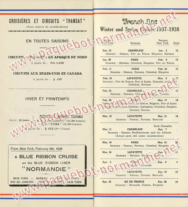 S.S NORMANDIE - LISTE PASSAGERS DU 01 DECEMBRE 1937 - 1ère CLASSE / 1-6