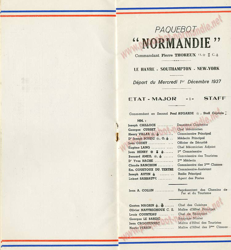 PAQUEBOT S.S NORMANDIE - LISTE PASSAGERS DU 01 DECEMBRE 1937 - 3ème CLASSE / 3-3
