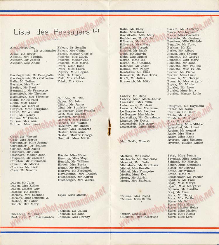 PAQUEBOT S.S NORMANDIE - LISTE PASSAGERS DU 01 DECEMBRE 1937 - 3ème CLASSE / 3-4