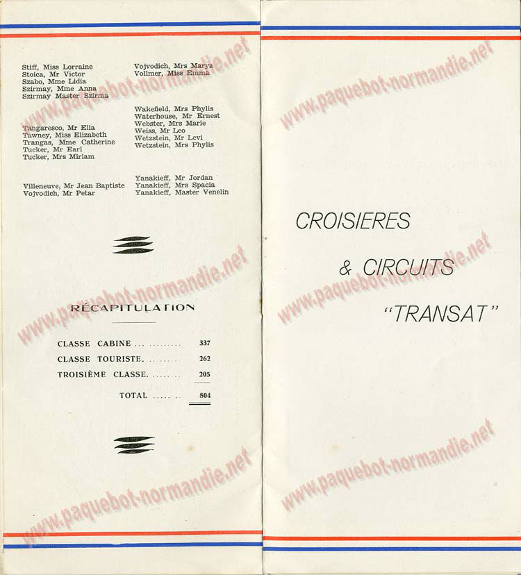 PAQUEBOT S.S NORMANDIE - LISTE PASSAGERS DU 01 DECEMBRE 1937 - 3ème CLASSE / 3-5
