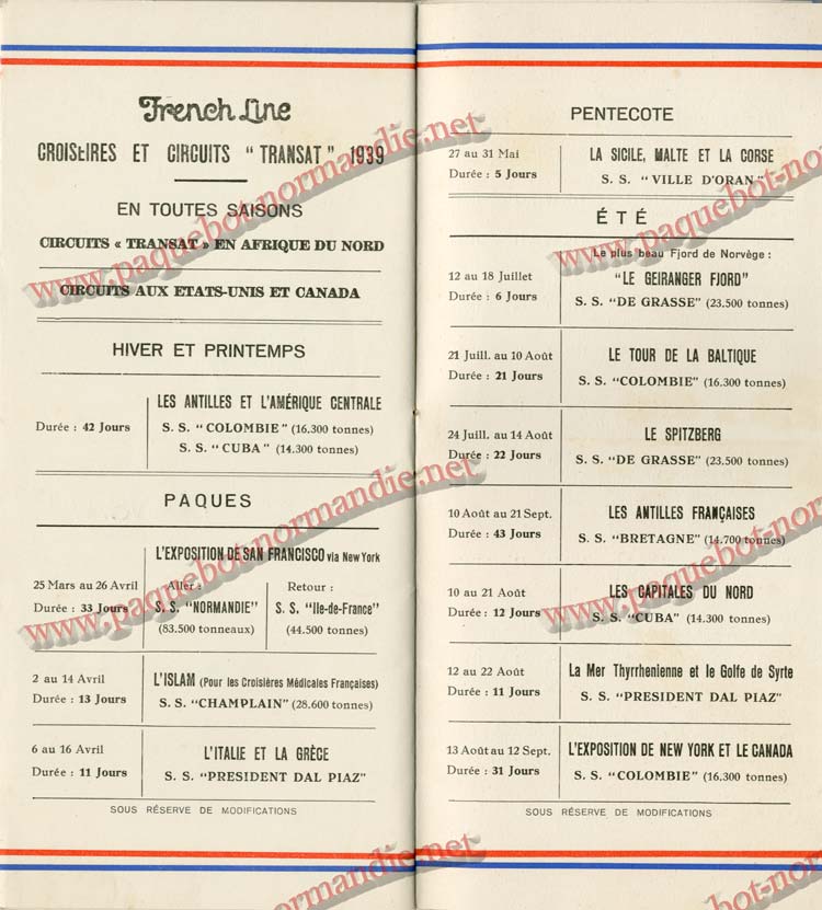 PAQUEBOT NORMANDIE - LISTE DES PASSAGERS DU 3 MARS 1939 - 1ère CLASSE / 1-10