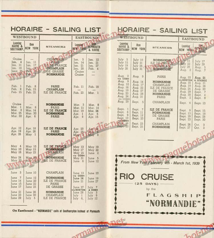 PAQUEBOT NORMANDIE - LISTE DES PASSAGERS DU 3 MARS 1939 - 1ère CLASSE / 1-2