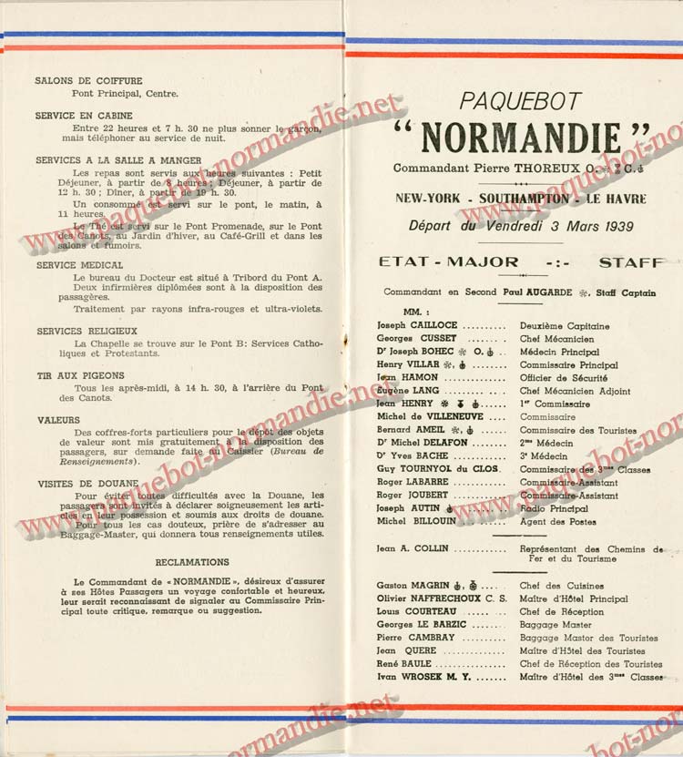 PAQUEBOT NORMANDIE - LISTE DES PASSAGERS DU 3 MARS 1939 - 1ère CLASSE / 1-5