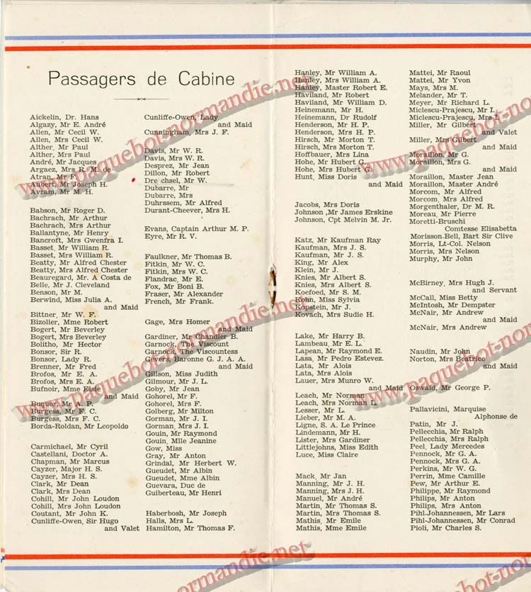 PAQUEBOT NORMANDIE - LISTE DES PASSAGERS DU 3 MARS 1939 - 1ère CLASSE / 1-6