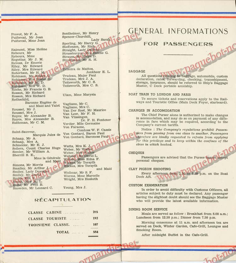 PAQUEBOT NORMANDIE - LISTE DES PASSAGERS DU 3 MARS 1939 - 1ère CLASSE / 1-7