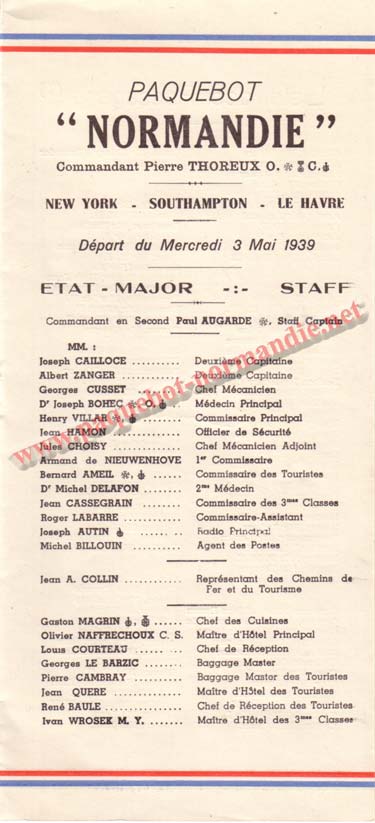 PAQUEBOT NORMANDIE - LISTE DES PASSAGERS DU 3 MAI 1939 - 2ème CLASSE / 2-1