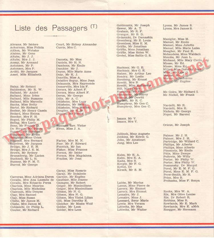 PAQUEBOT NORMANDIE - LISTE DES PASSAGERS DU 3 MAI 1939 - 2ème CLASSE / 2-2