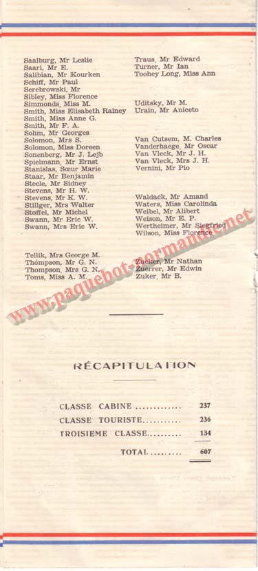 PAQUEBOT NORMANDIE - LISTE DES PASSAGERS DU 3 MAI 1939 - 2ème CLASSE / 2-