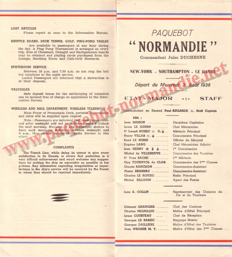 PAQUEBOT NORMANDIE - LISTE DES PASSAGERS DU 3 AOUT 1938 - 1ère CLASSE / 1-6