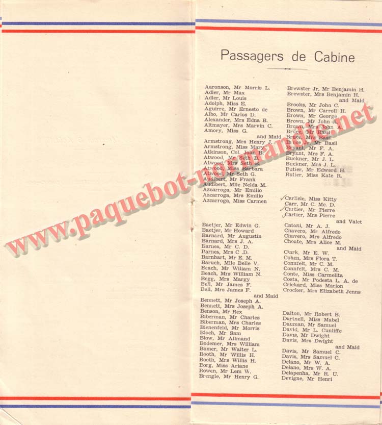 PAQUEBOT NORMANDIE - LISTE DES PASSAGERS DU 3 AOUT 1938 - 1ère CLASSE / 1-7