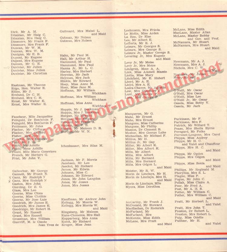 PAQUEBOT NORMANDIE - LISTE DES PASSAGERS DU 3 AOUT 1938 - 1ère CLASSE / 1-8