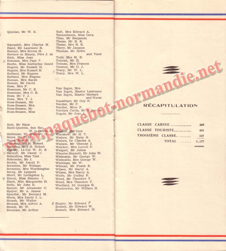 PAQUEBOT NORMANDIE - LISTE DES PASSAGERS DU 3 AOUT 1938 - 1ère CLASSE / 1-