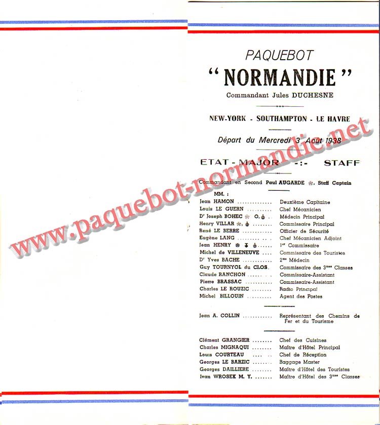 PAQUEBOT NORMANDIE - LISTE DES PASSAGERS DU 3 AOUT 1938 - 3ème CLASSE / 3-3