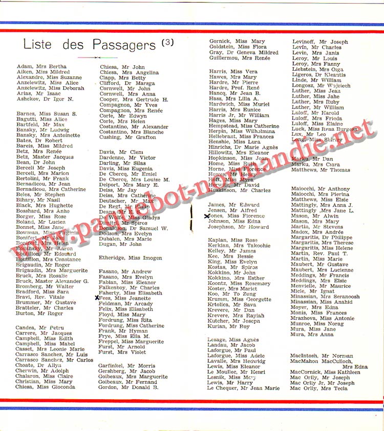 PAQUEBOT NORMANDIE - LISTE DES PASSAGERS DU 3 AOUT 1938 - 3ème CLASSE / 3-4
